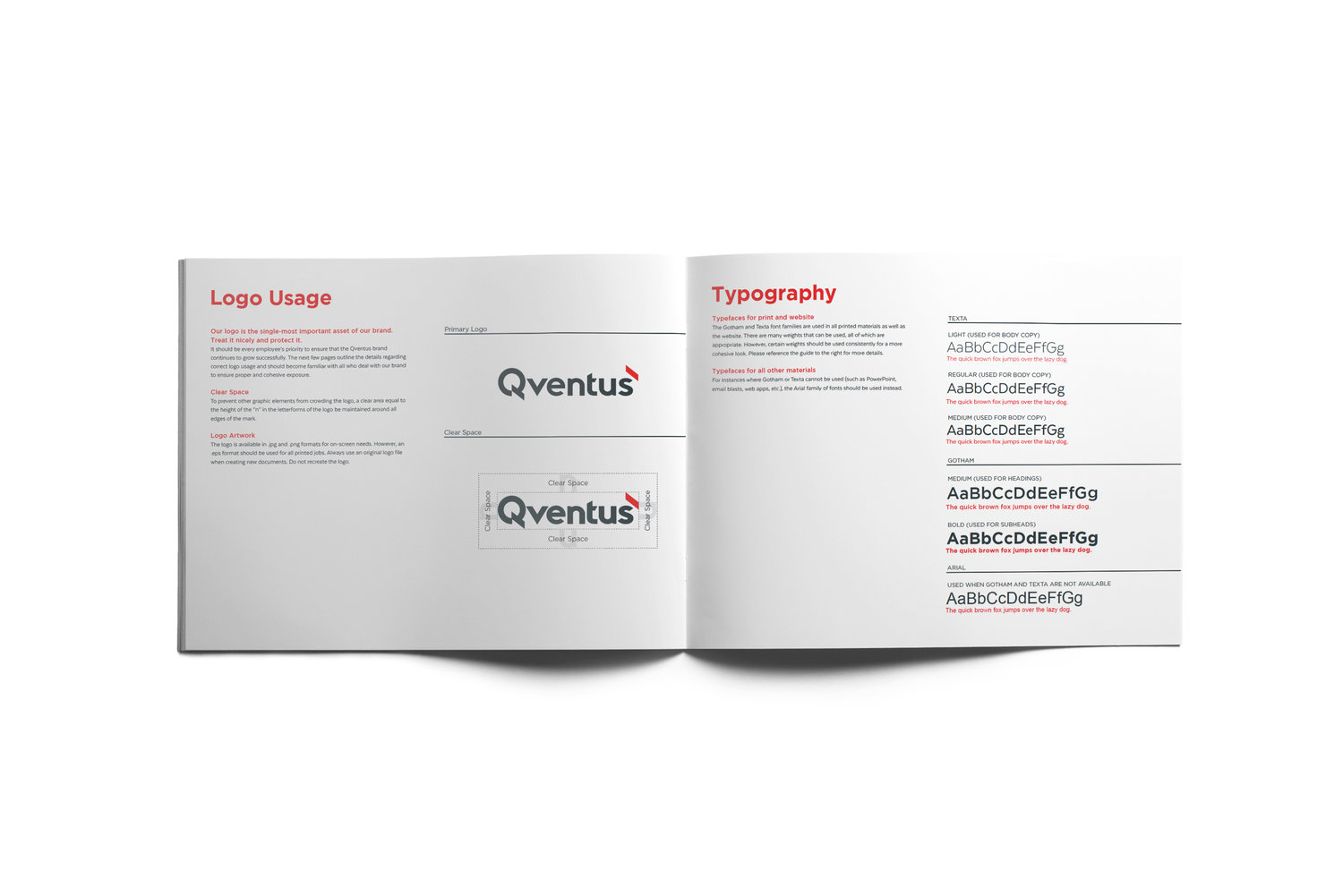 Qventus brand guidelines spread showing logo usage and typography