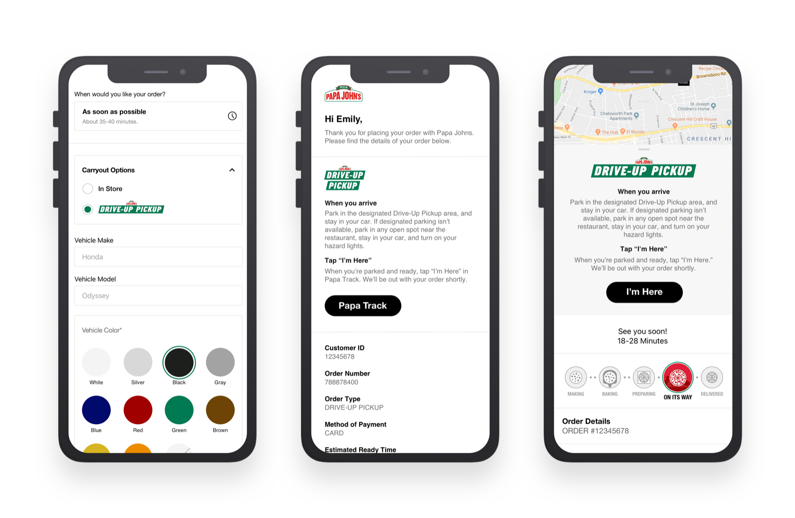 Curbside pickup flow: a checkout form capturing vehicle make, model and color, a confirmation email with drive-up pickup instructions and an 'I'm Here' button, and a live map with order status from making to on-its-way.