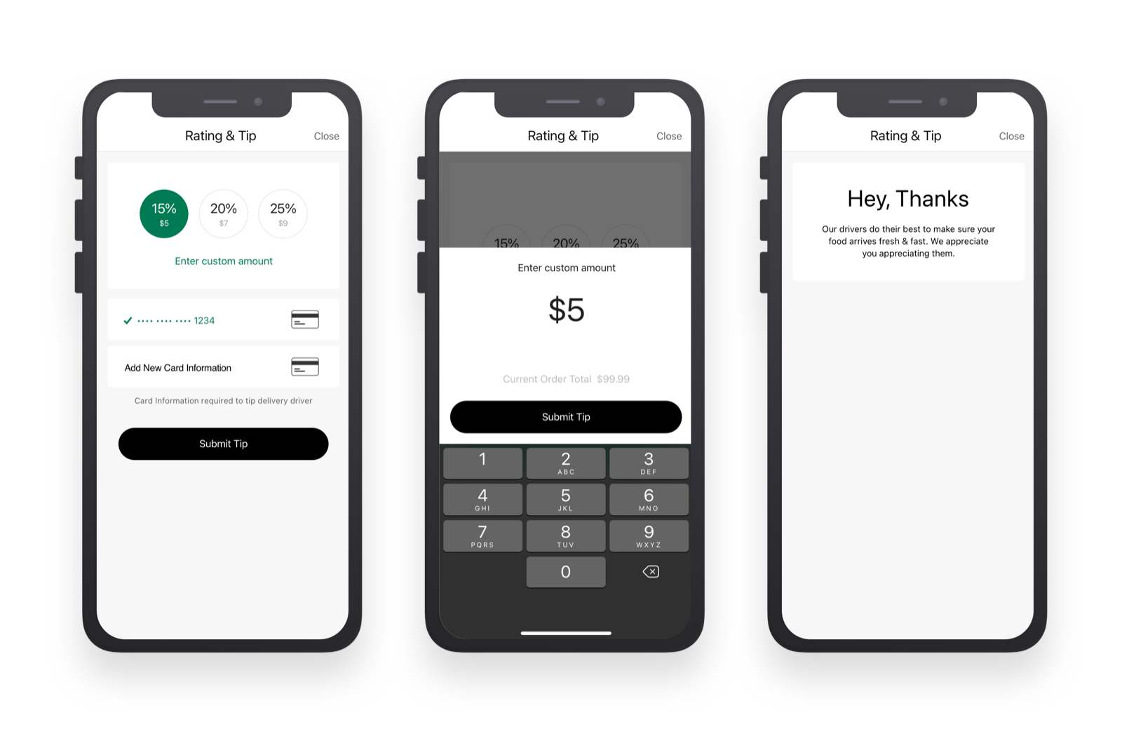 Post-delivery tip screen with 15, 20 and 25 percent presets shown alongside their dollar amounts, a custom-amount keypad entry, and a closing thank-you message to the driver.