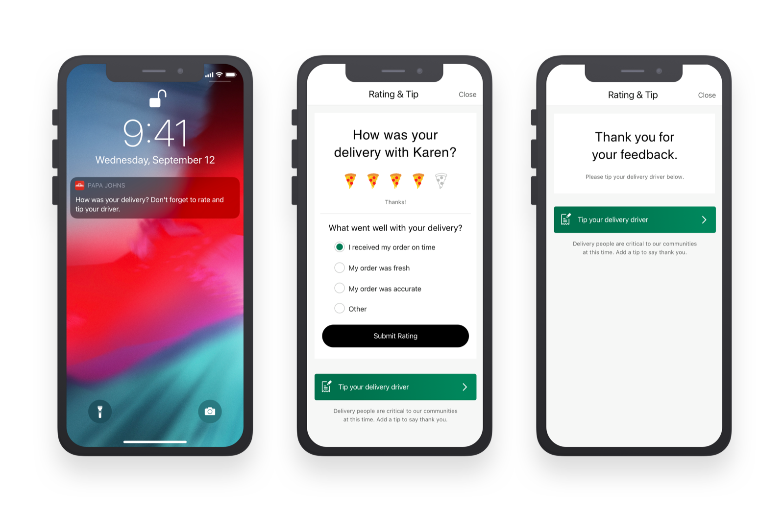 Push notification on a phone lock screen reading 'How was your delivery? Don't forget to rate and tip your driver,' followed by a five-slice pizza rating and a green tip-your-driver banner, ending on a thank-you screen.